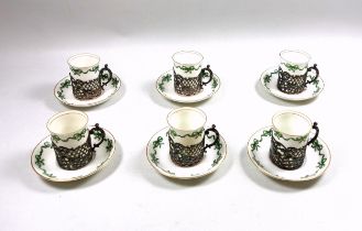 Set of 6 silver mounted Crescent bone china coffee cans by J D & S, Sheffield, 1909, and 6