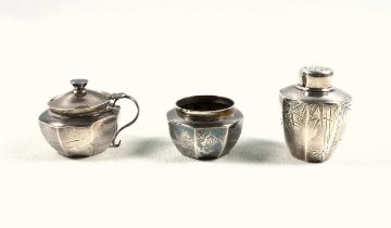 Oriental silver 3 piece cruet set, comprising mustard pot, salt and pepperette, each of octagonal