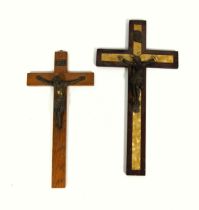 Wood and mother-of-pearl effect crucifix with a metal figure of Christ, H.35.2cm, and a smaller