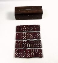 Set of 28 silver inlaid full size hardwood dominoes, in a Mexican hardwood and silver inlaid box