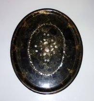 Victorian papier maché oval tray with inlaid mother of pearl and gilt decoration, W.76cm, (a/f);
