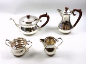 George V silver 4 piece tea set with circular teapot with hinged domed cover, bakelite finial and