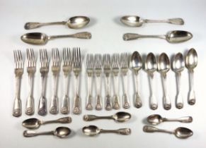 Matched part suite of Victorian silver Fiddle, Thread, and Shell pattern flatware, comprising 6