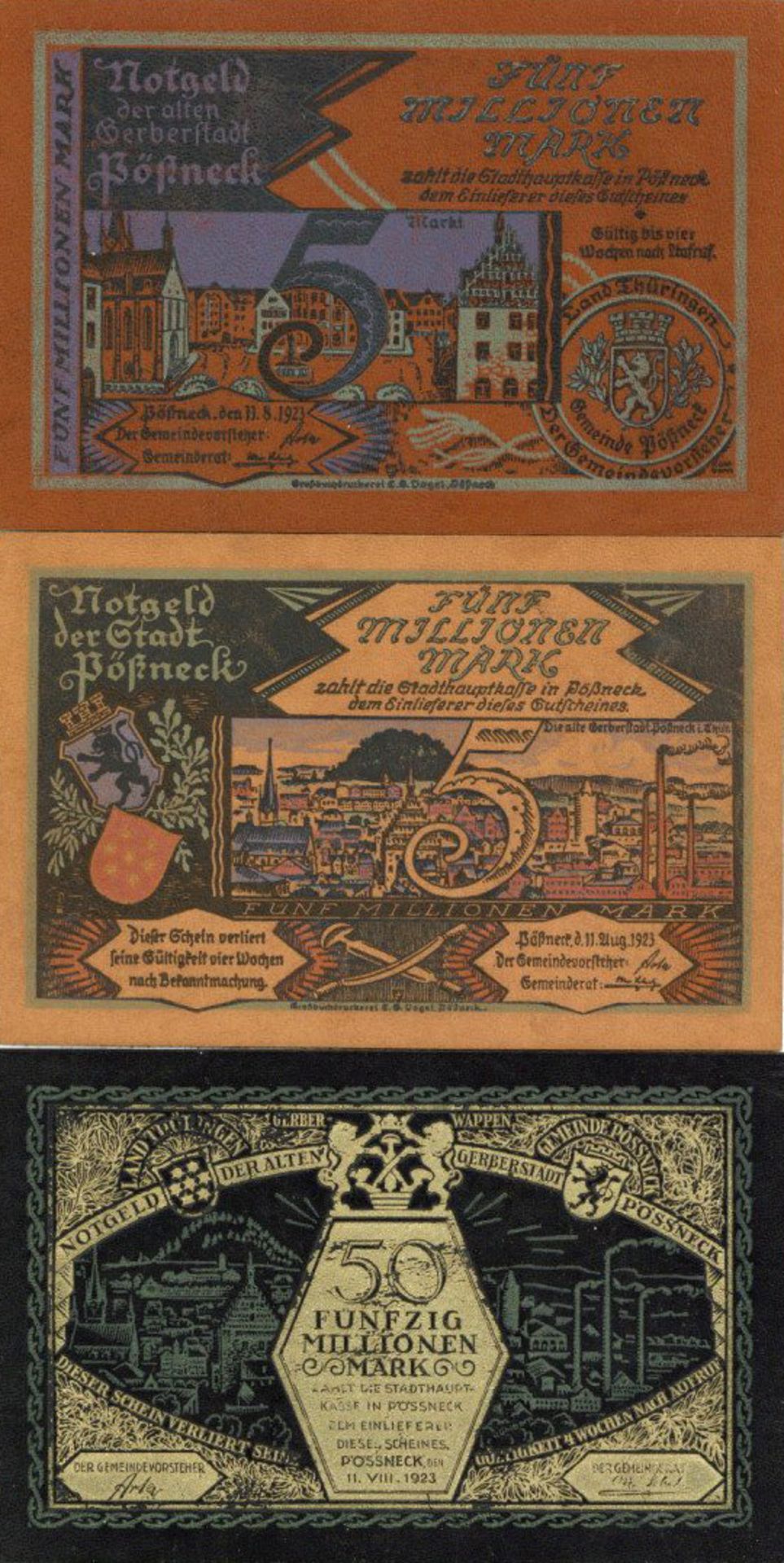 Notgeld Pößnecker Ledergeld 3 Scheine vom 11. August 1923 Erhaltung I