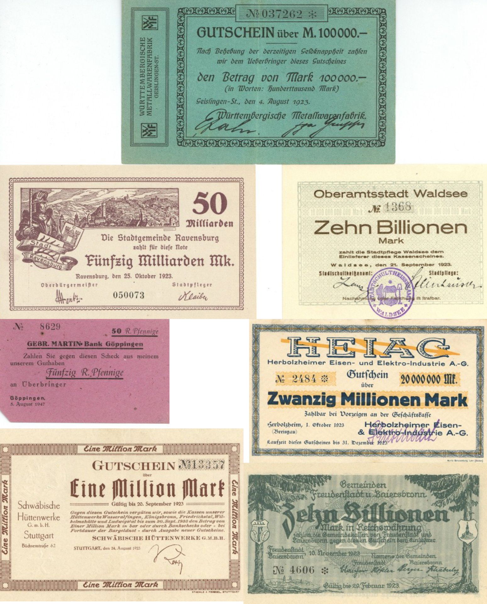 Geldschein Sammlung von ca. 350 Stk. Großgeld-Serienscheine Baden-Württemberg und 3 Aktien hoher