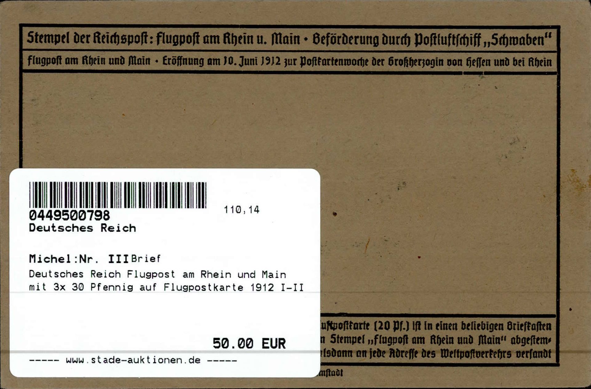 Flugpost am Rhein und Main Deutsches Reich mit 3x 30 Pfennig auf Flugpostkarte 1912 I-II - Bild 2 aus 2