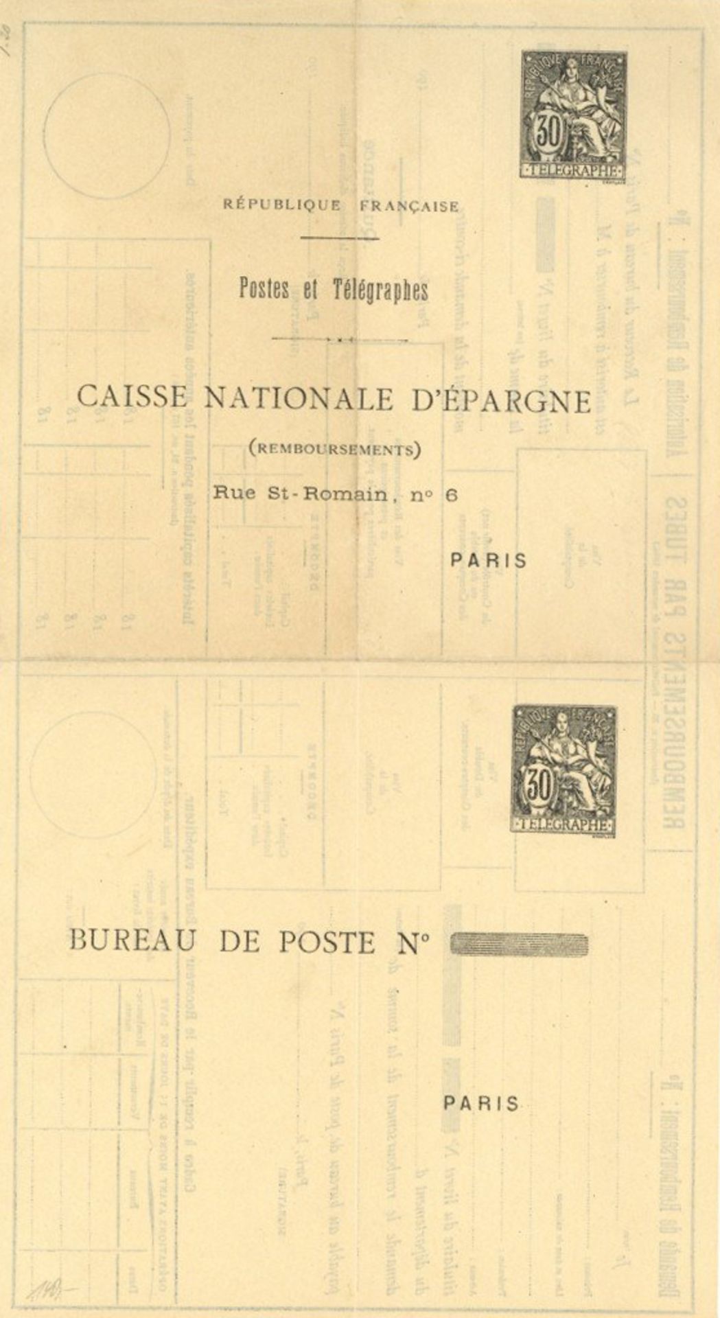 Frankreich Ganzsache 1899, RA 3 Postanweisung an die Nationalkasse, bügig, Alterungsspuren
