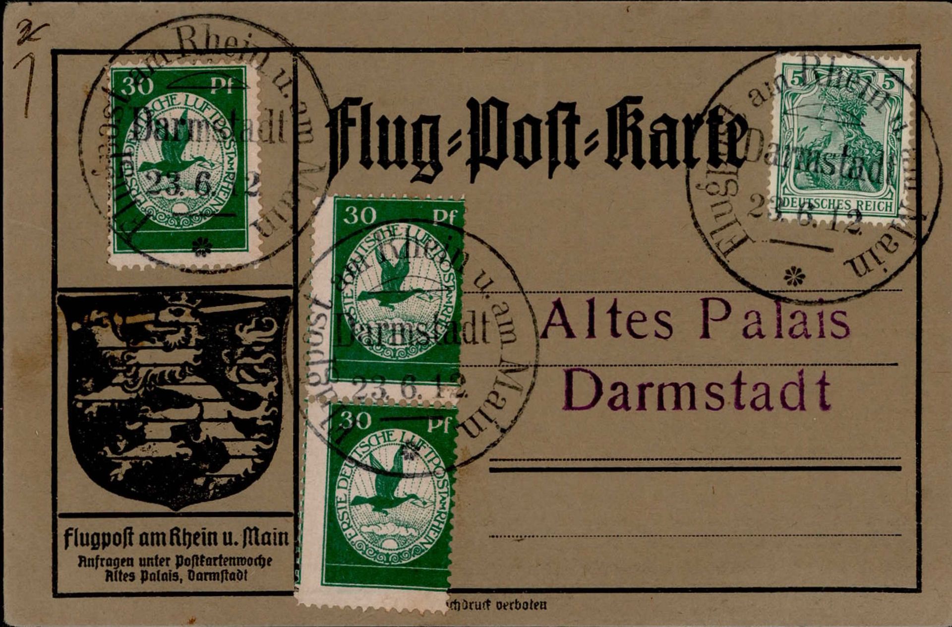 Flugpost am Rhein und Main Deutsches Reich mit 3x 30 Pfennig auf Flugpostkarte 1912 I-II