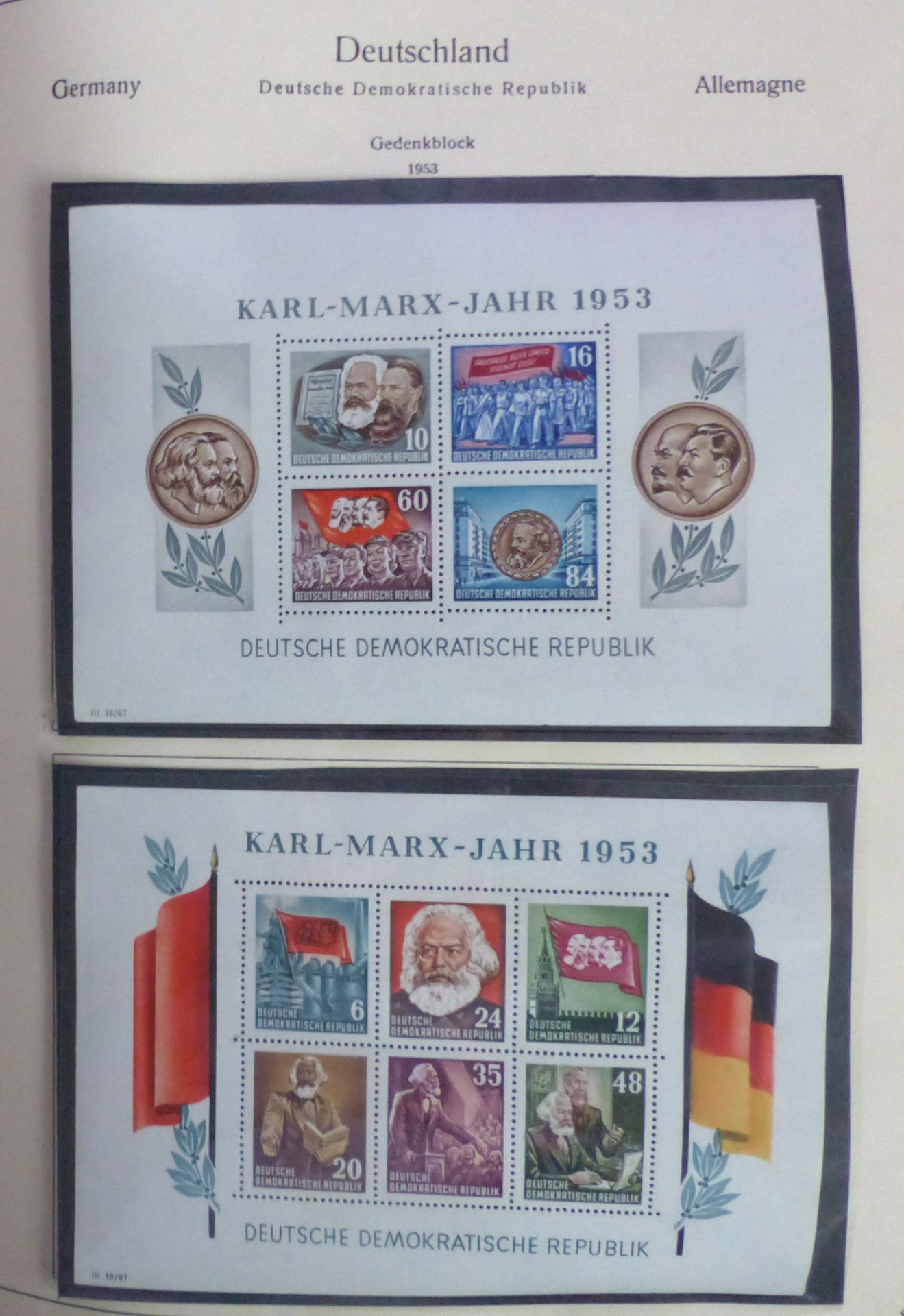 DDR/Zonen 1945/67, Sammlung im KABE-Vordruckbinder **/gest./*, u.a. Marx-Blocks *,