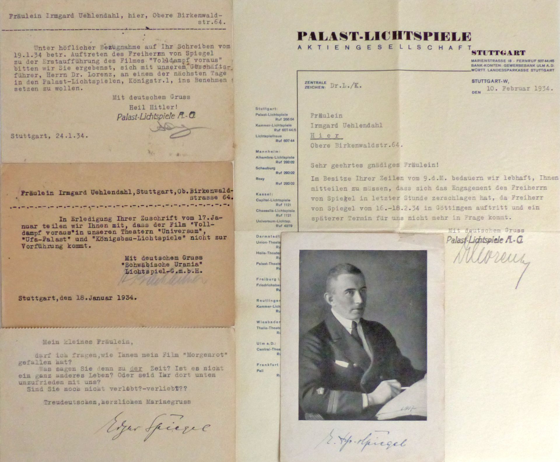 AUTOGRAPH Freiherr Spiegel, Edgar von. Schriftsteller und U-Boot-Kommandant. 2 Postkarten mit