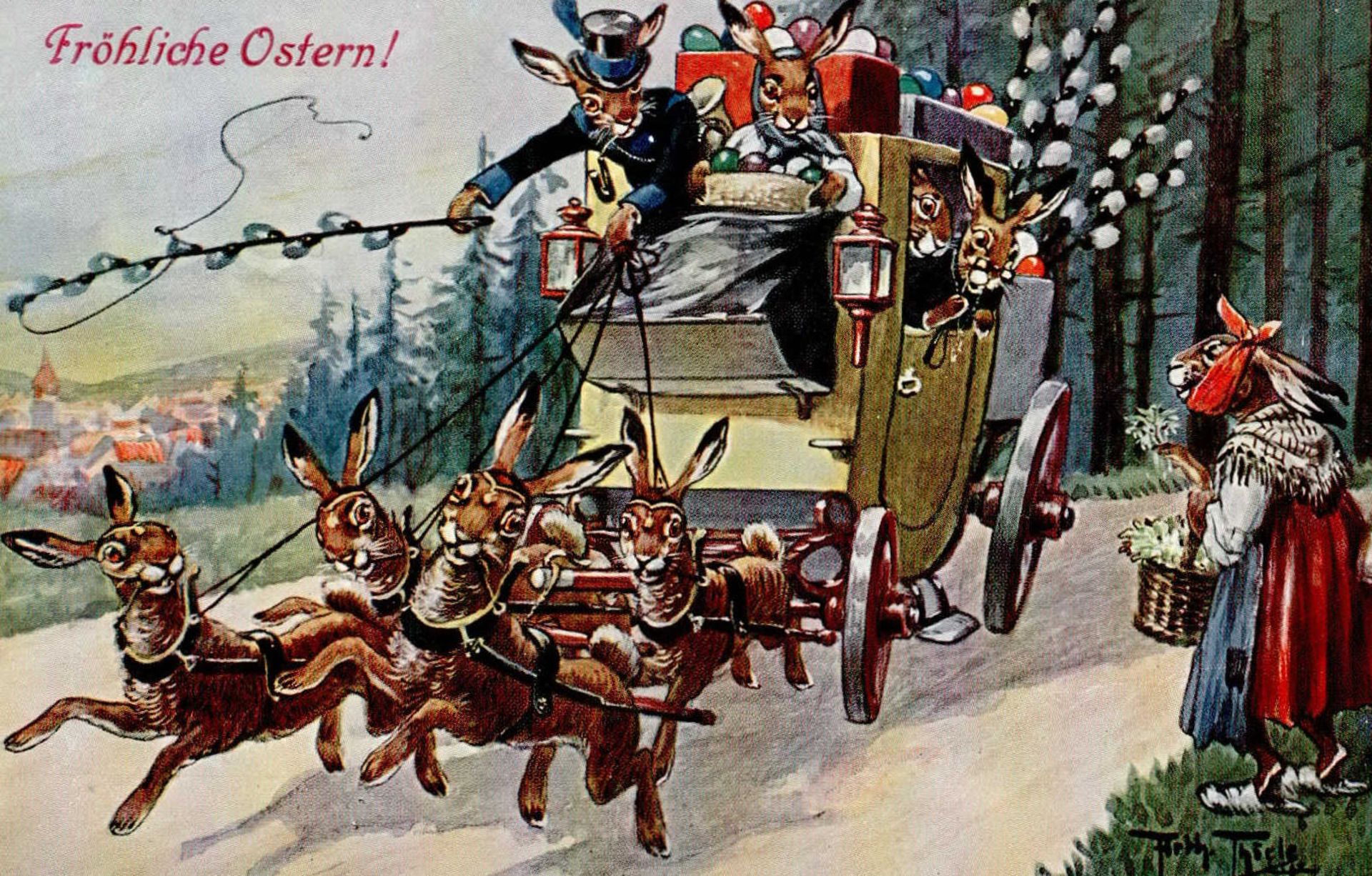 Thiele, Arthur TSN 1541 Fröhliche Ostern! vermenschlichte Hasen in Postkutsche I-II