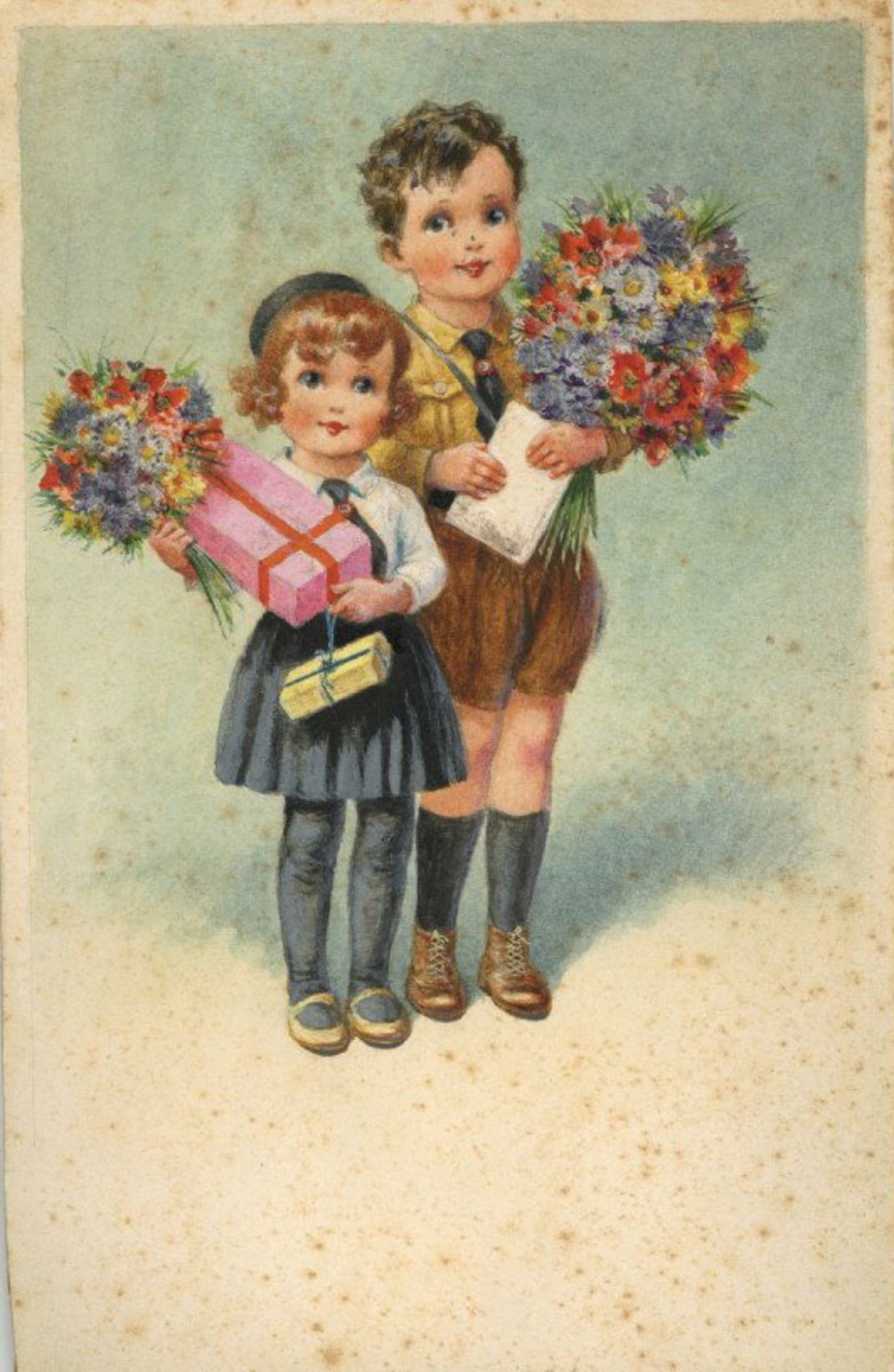 Thiele, Arthur Original handgemalter Entwurf Kinder auf Hartpappe ca. 13x21cm, rs Atelierstempel