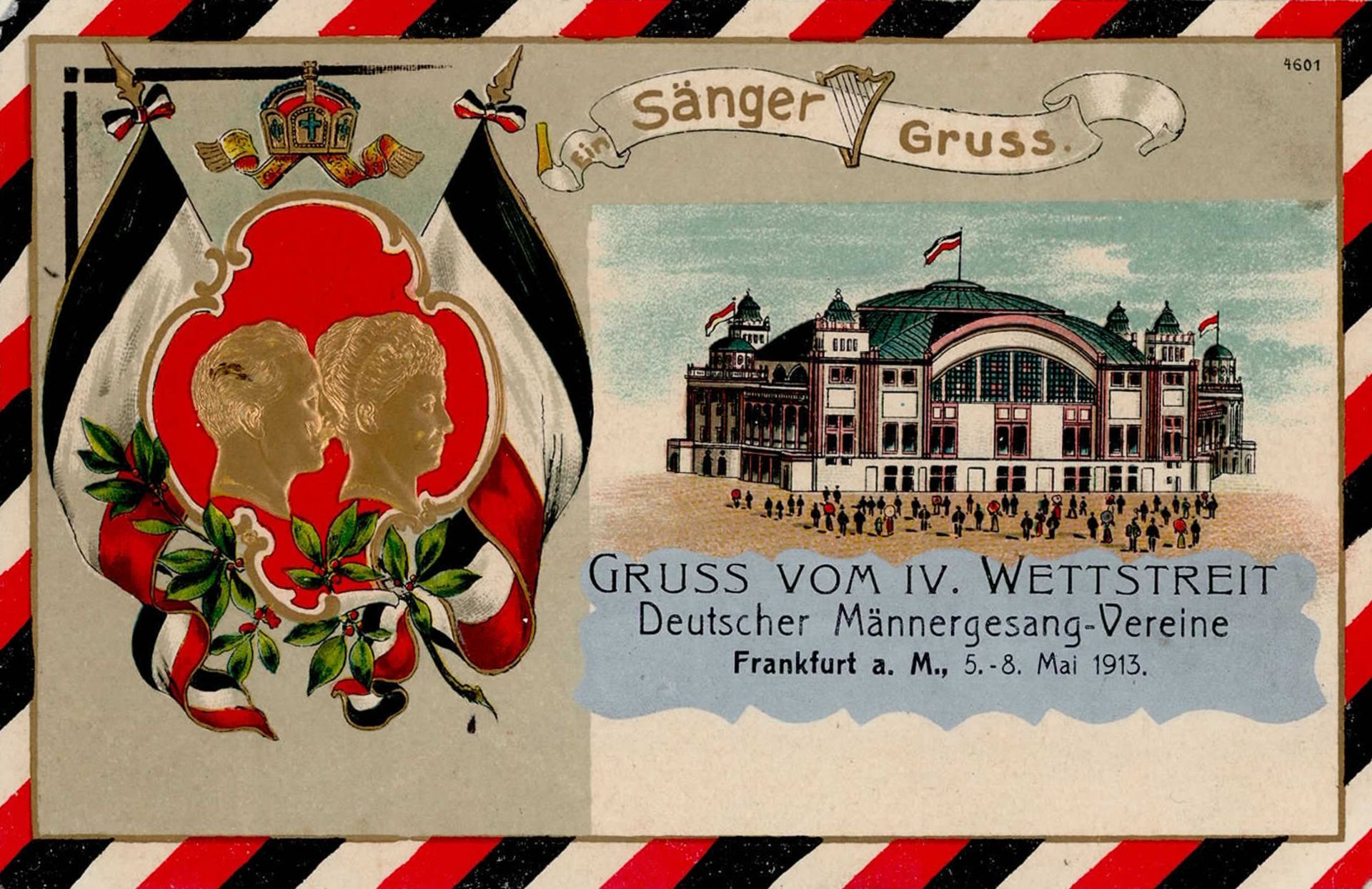 FRANKFURT/Main - Kaiserpaar-Prägelitho Gruss vom IV. WETTSTREIT DEUTSCHER MÄNNERGESANG-VEREINE