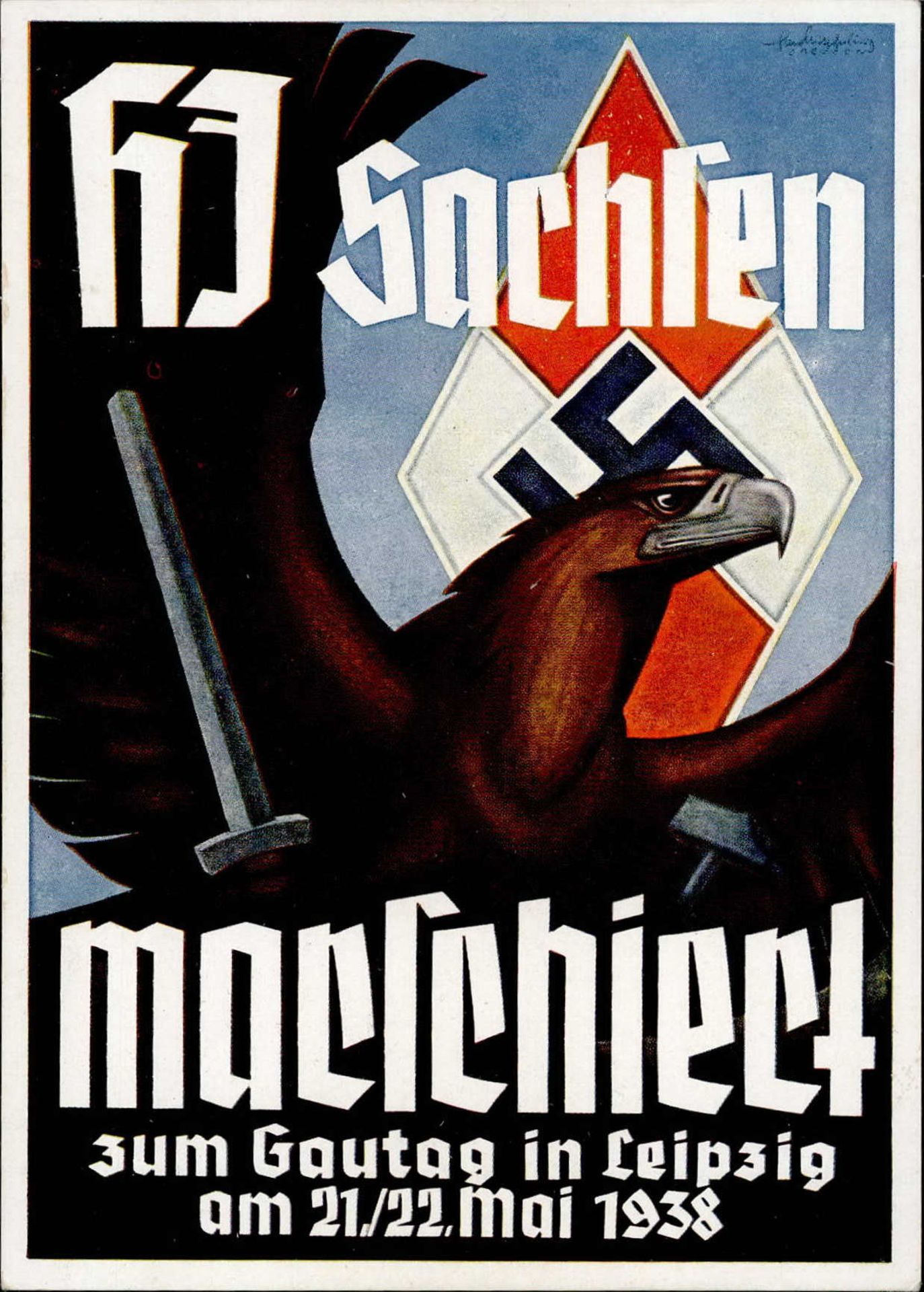 HITLERJUGEND WK II - HJ-SACHSEN Marschiert zum NSDAP-GAUTAG LEIPZIG 1938 mit S-o sign. Künstlerkarte