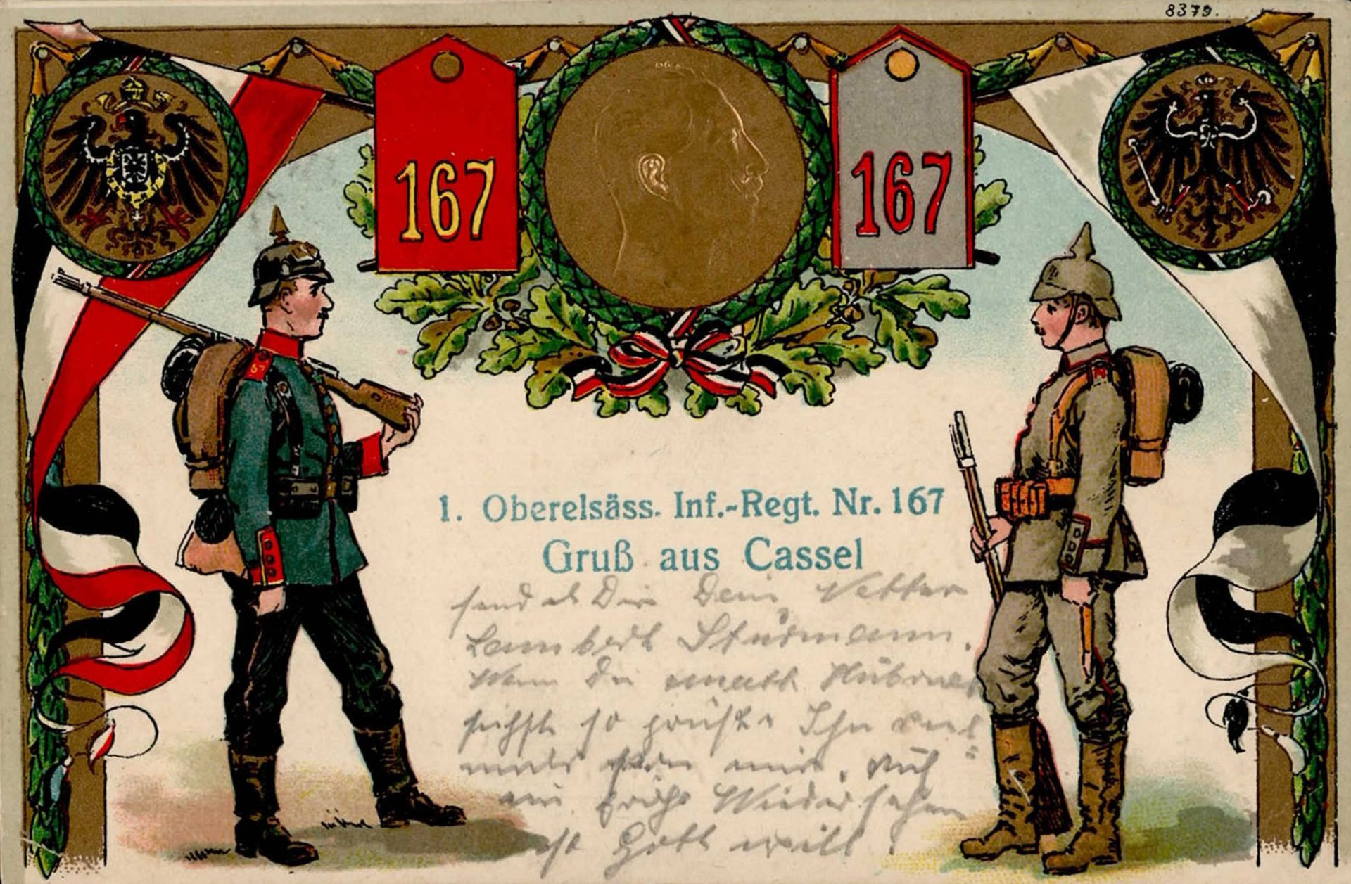 Regiment Nr. 167 1. Oberelsässisches Inf.-Regiment Gruss aus Cassel Prägekarte I-II (Stauchung li.