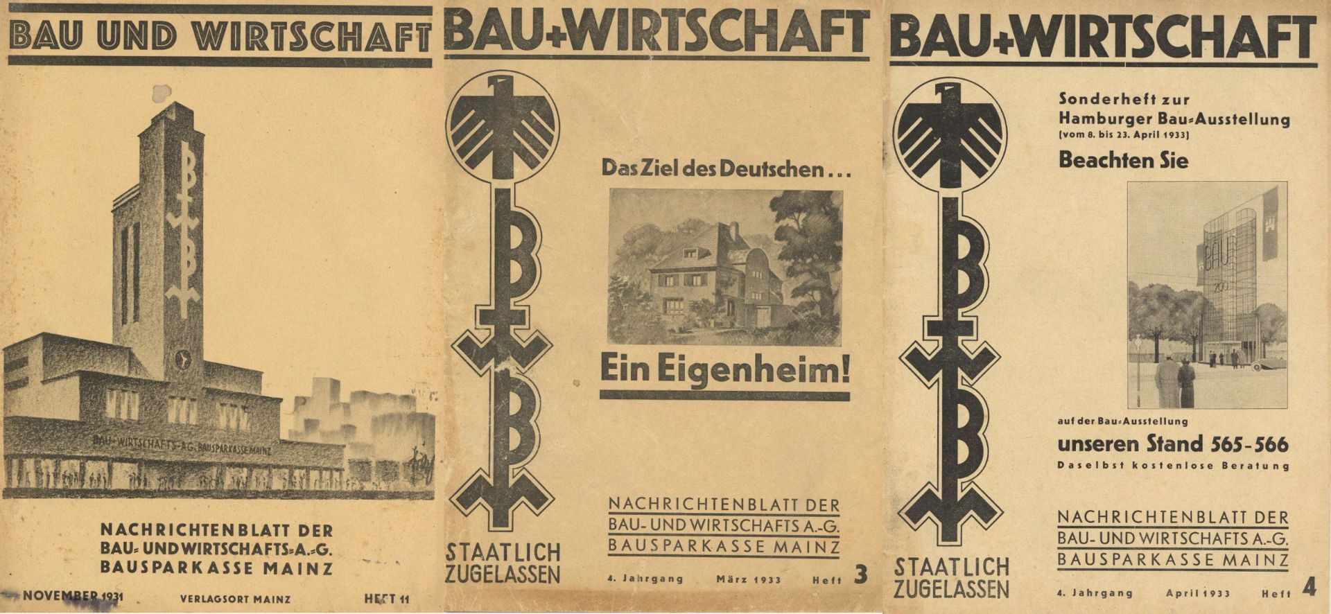 Architektur 3 x Zeitschrift Bau und Wirtschaft Hefte 11/1931, 3/1933 und 4/1933 in unterschiedlicher