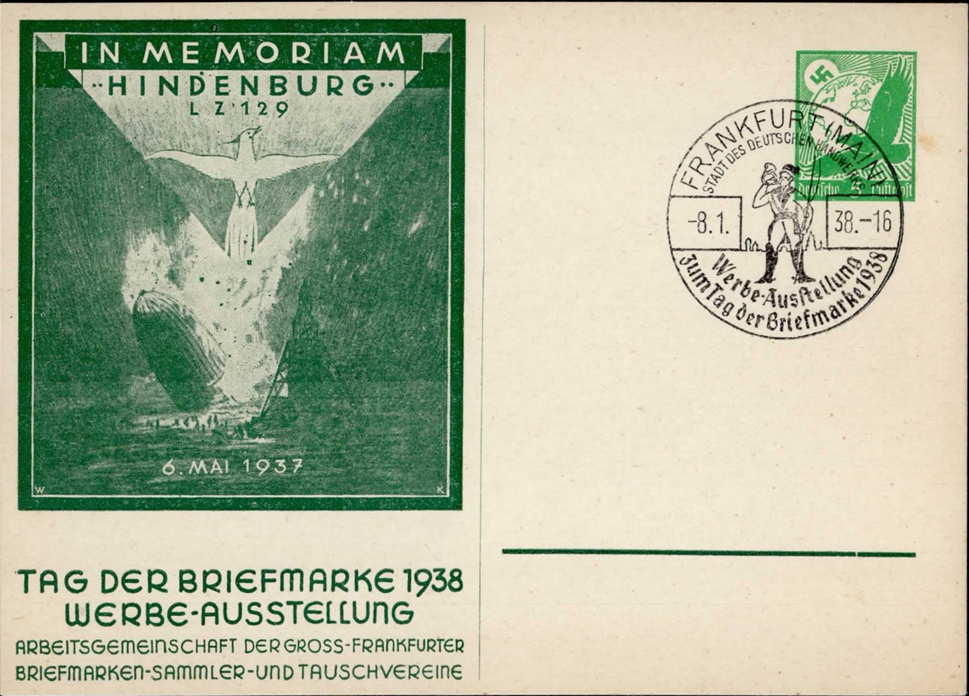 Anlass-Karte Privatpostkarte Ganzsache Frankfurt am Main Luftschiff Zeppelin LZ 129 Sonderstempel