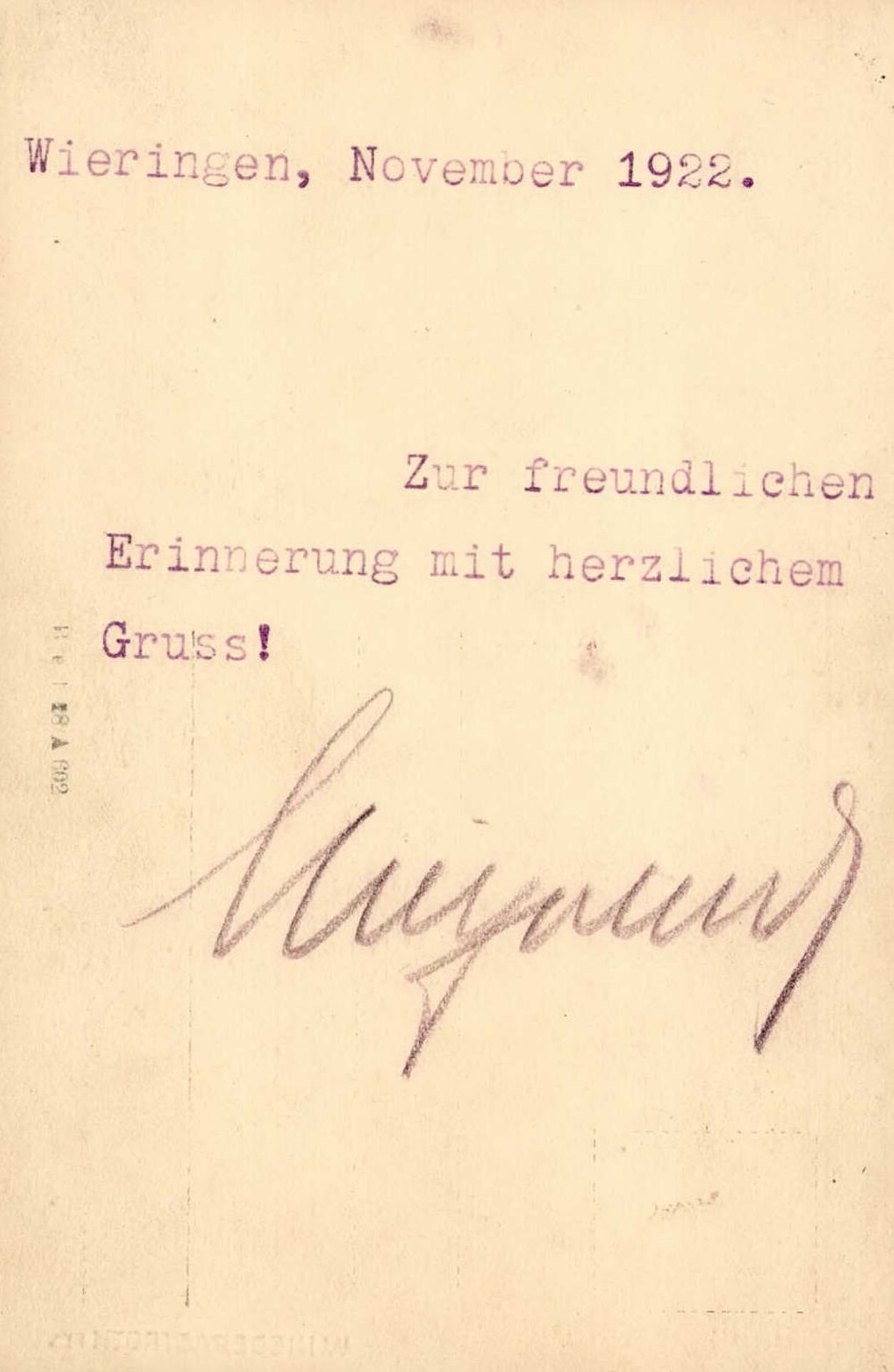 Adel Preussen AUTOGRAPH Kronprinz Wilhelm von Preussen auf Rückseite Wieringen 1922 I-II - Bild 2 aus 2