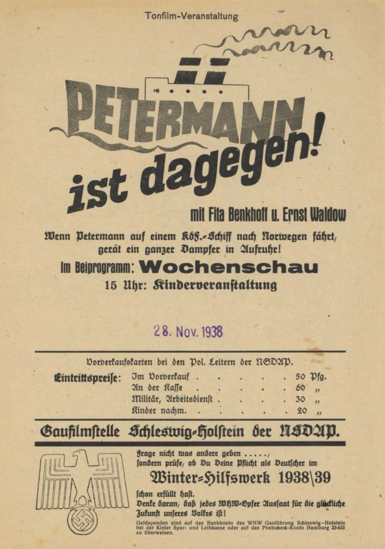 WHW WK II Schleswig-Holstein Plakat 25,8 x 18,2 cm Petermannn ist dagegen II