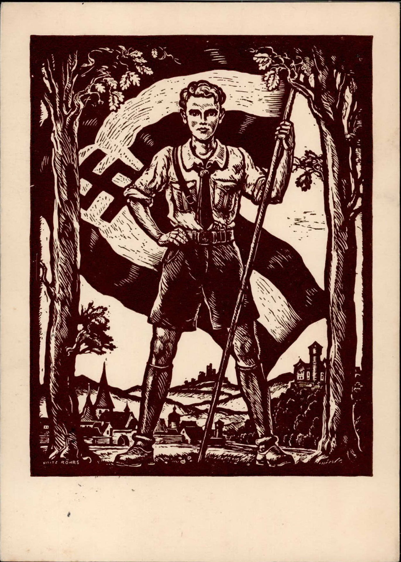 HITLERJUGEND WK II - JUNGES DEUTSCHLAND! Künstlerkarte sign. Fritz Röhrs Braunschweig 1935 I