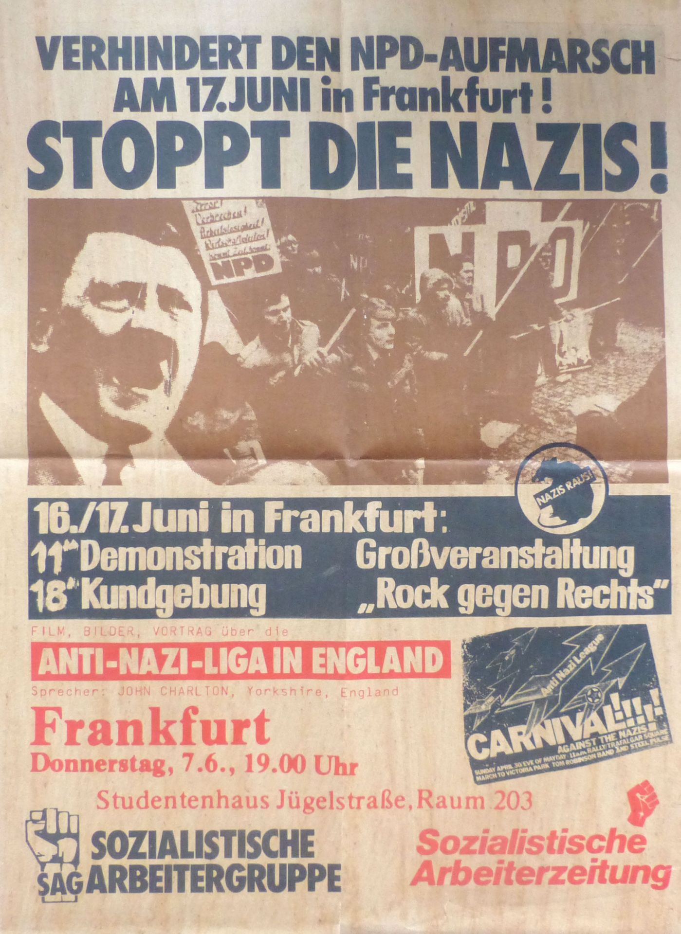 Politik Original-Plakat des ersten Rock-gegen-Rechts-Festivals 1979 in Frankfurt/Main in zeitgemäßer