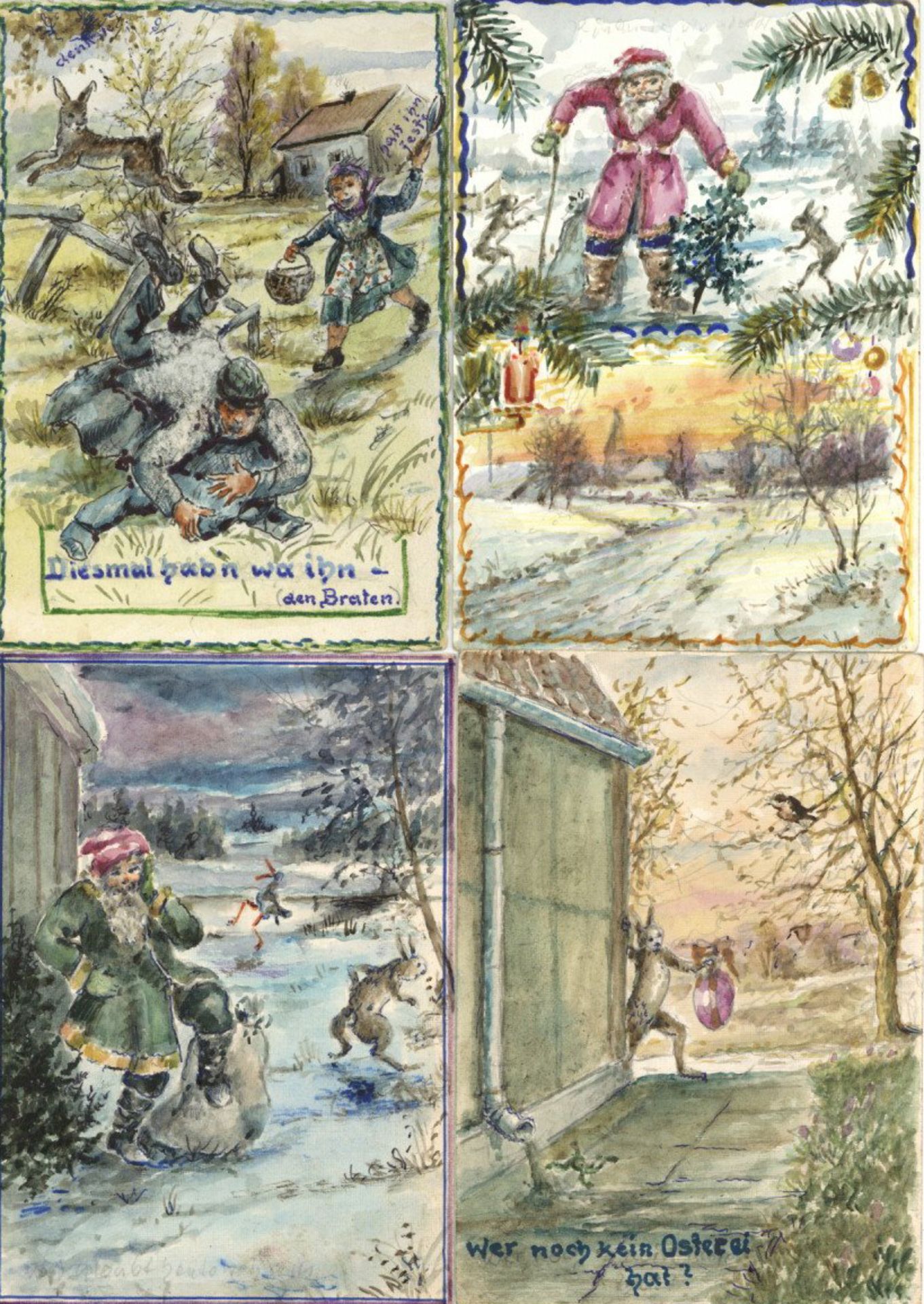 Handgemalt Lot mit 9 Karten Thema Ostern und Weihnachten I-II (keine AK-Einteilung)