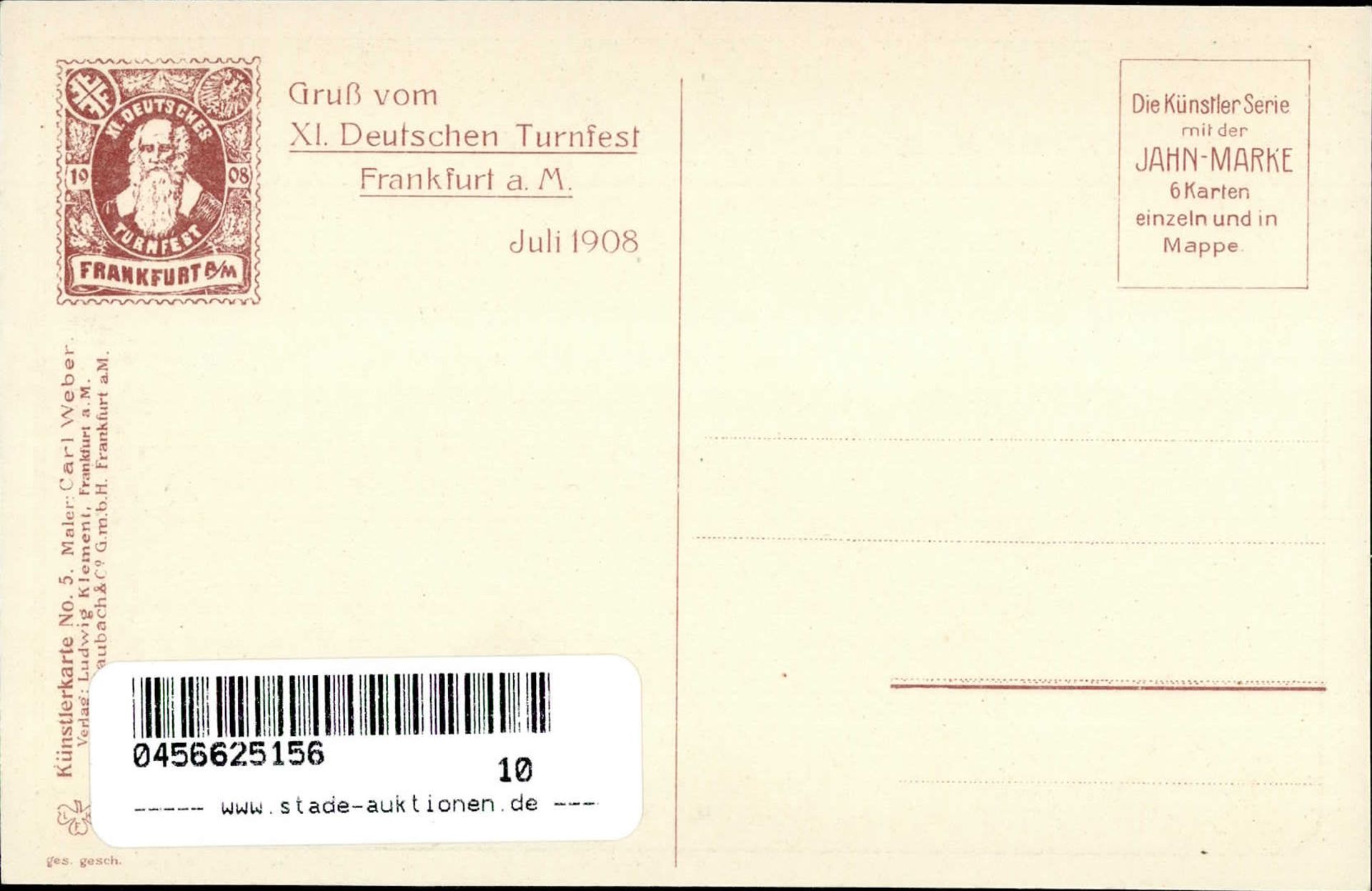 WEBER, C. Künstlerkarte No. 5 XI.DEUTSCHES TURNFEST FRANKFURT/Main 1908 I - Bild 2 aus 2