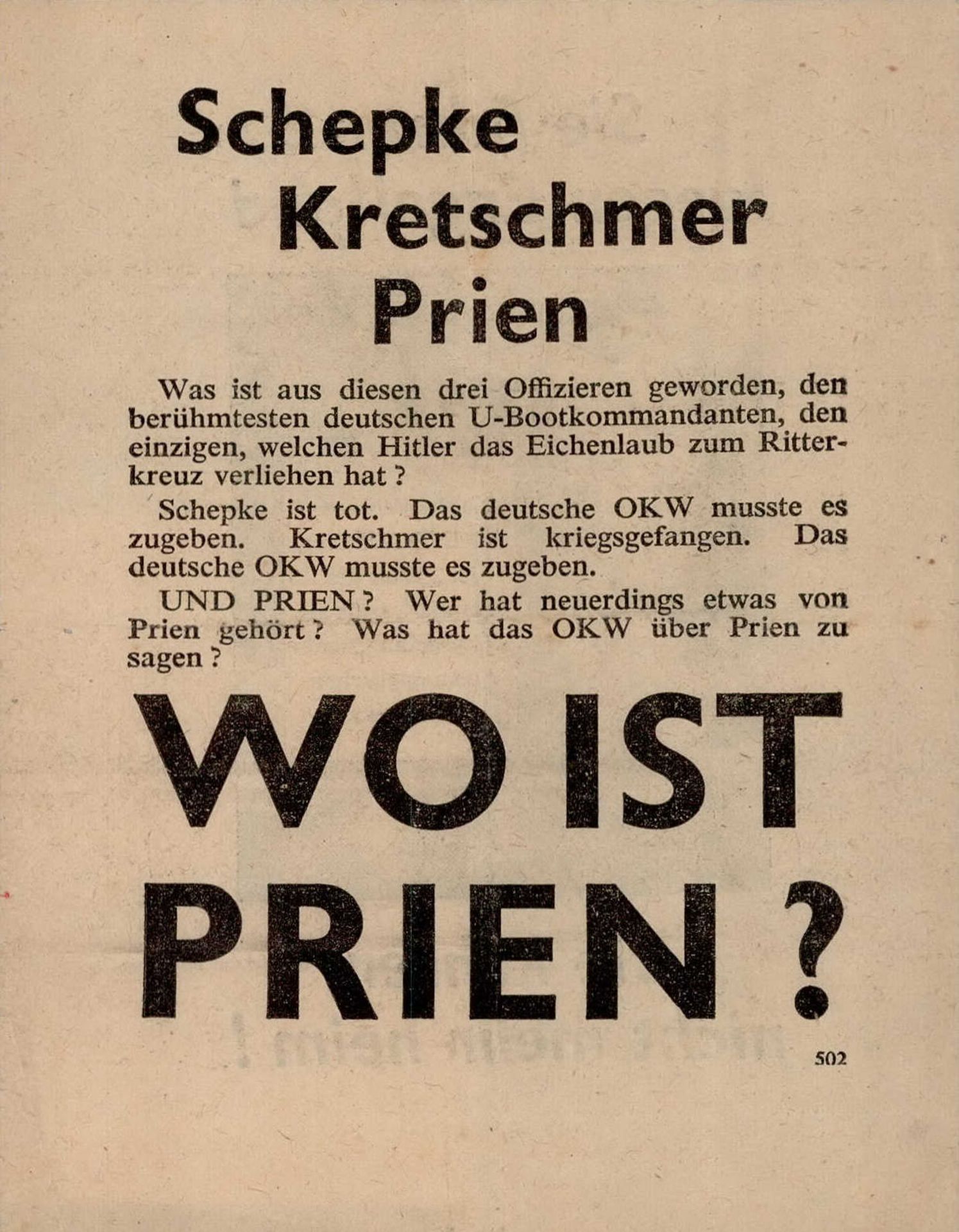 Antipropaganda WK II Flugblatt der Alliierten an die deutsche Bevölkerung Wo ist Prien ca. 10x14cm