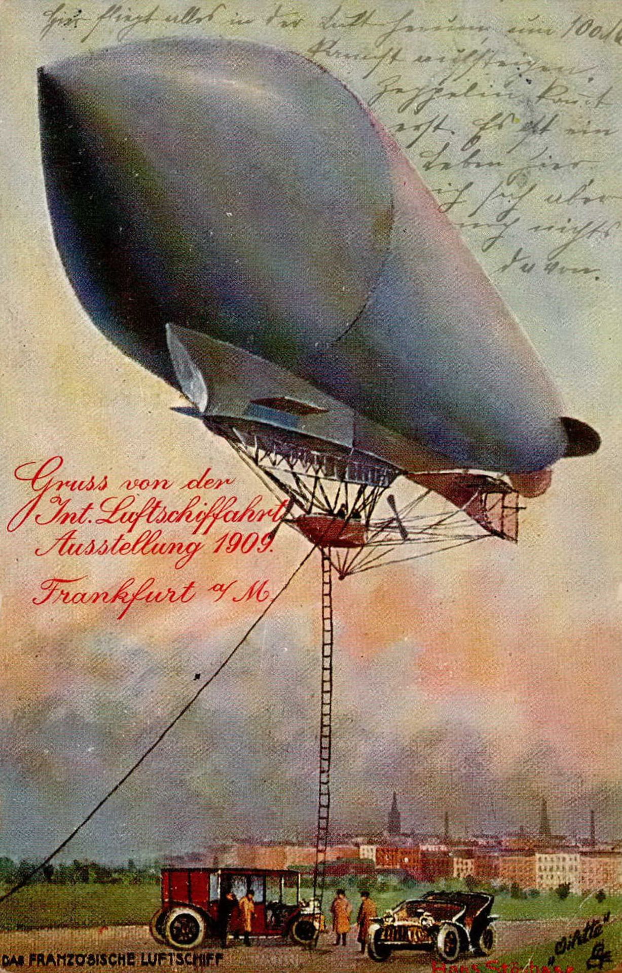 ILA Frankfurt 1909 das französische Luftschiff Patrie sign. Oilette II (Randmängel, Stauchungen)