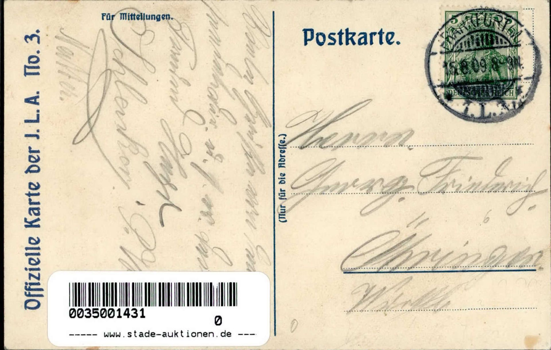 FRANKFURT/Main ILA 1909 - offiz. Karte No. 3 mit S-o v. 15.8.09 I-II
