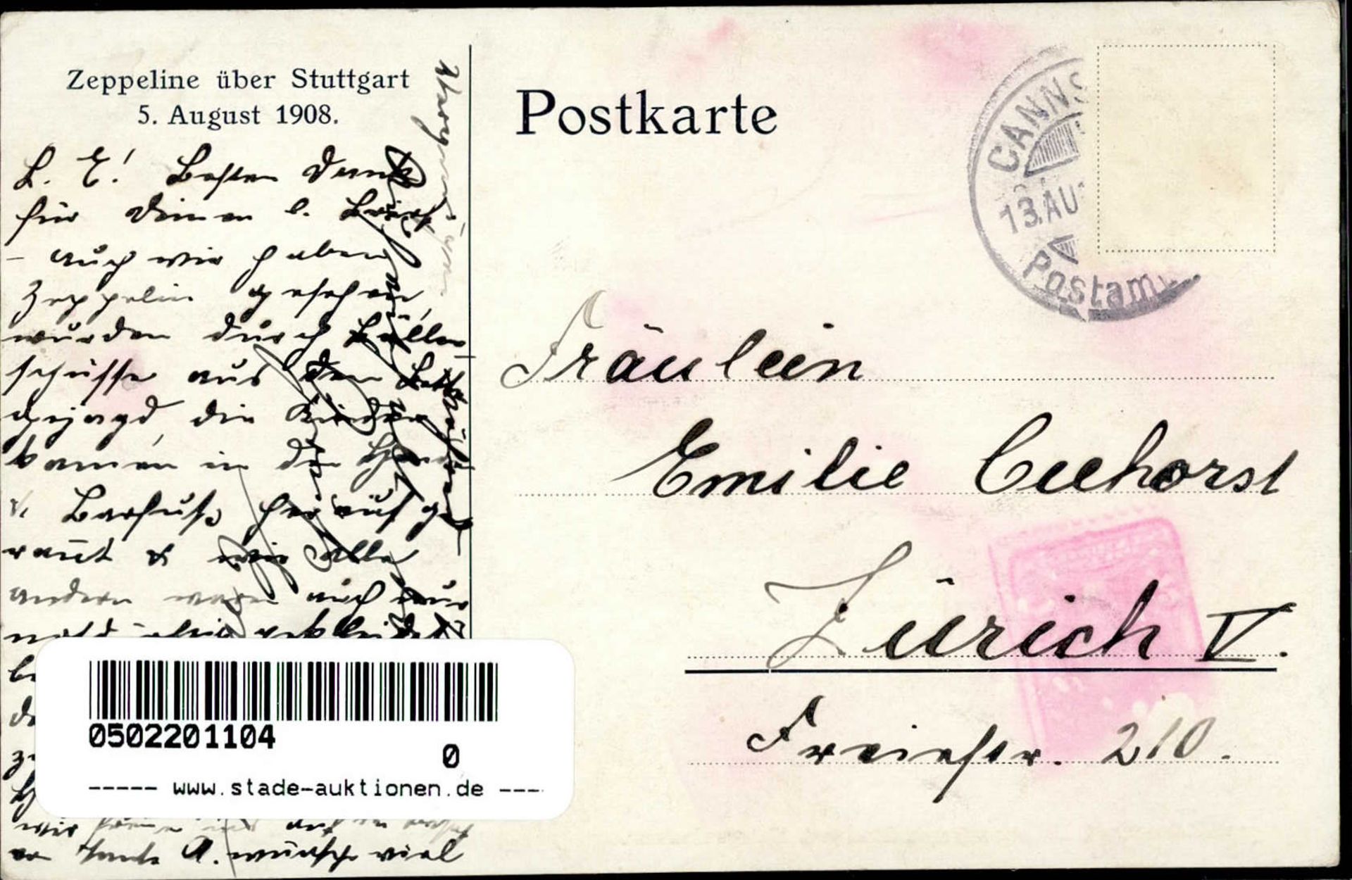 Zeppelin Stuttgart 5. August 1908 I-II (Stauchung, Marke entfernt) - Bild 2 aus 2