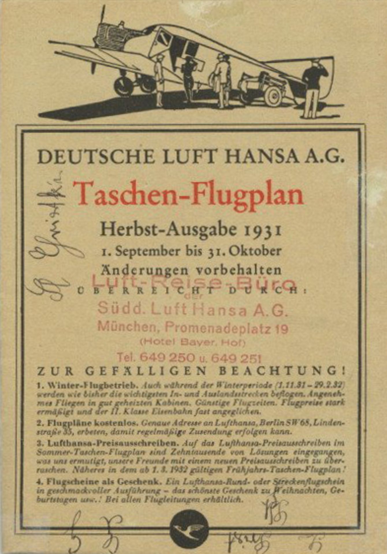 Lufthansa Taschen-Flugplan Herbst-Ausgabe 1931 I-II