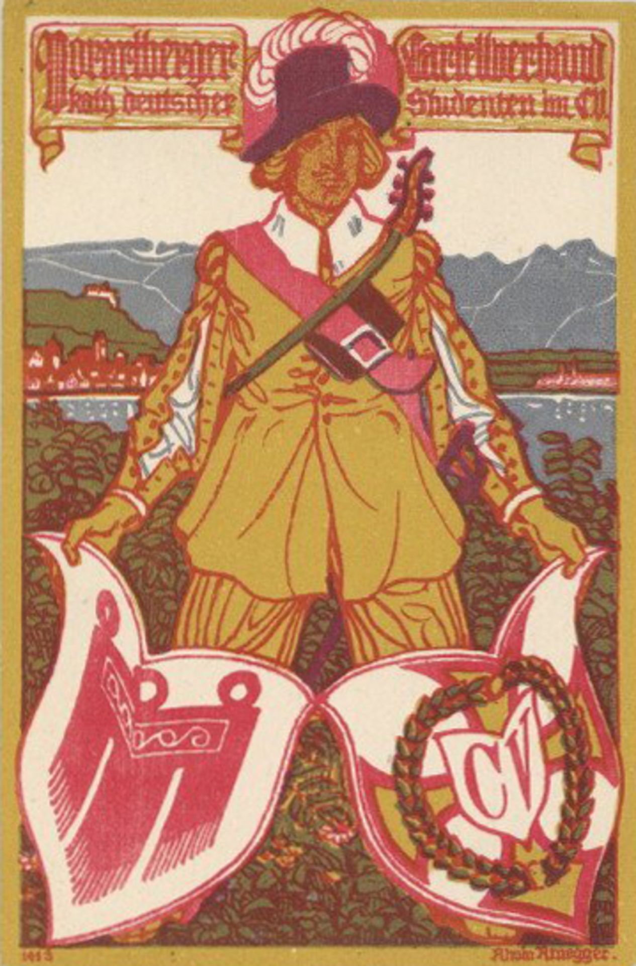 Studentika BREGENZ ? - VORARLBERGERE CARTELLVERBAND C.V. Künstlerkarte sign. Alwin Arnegger I