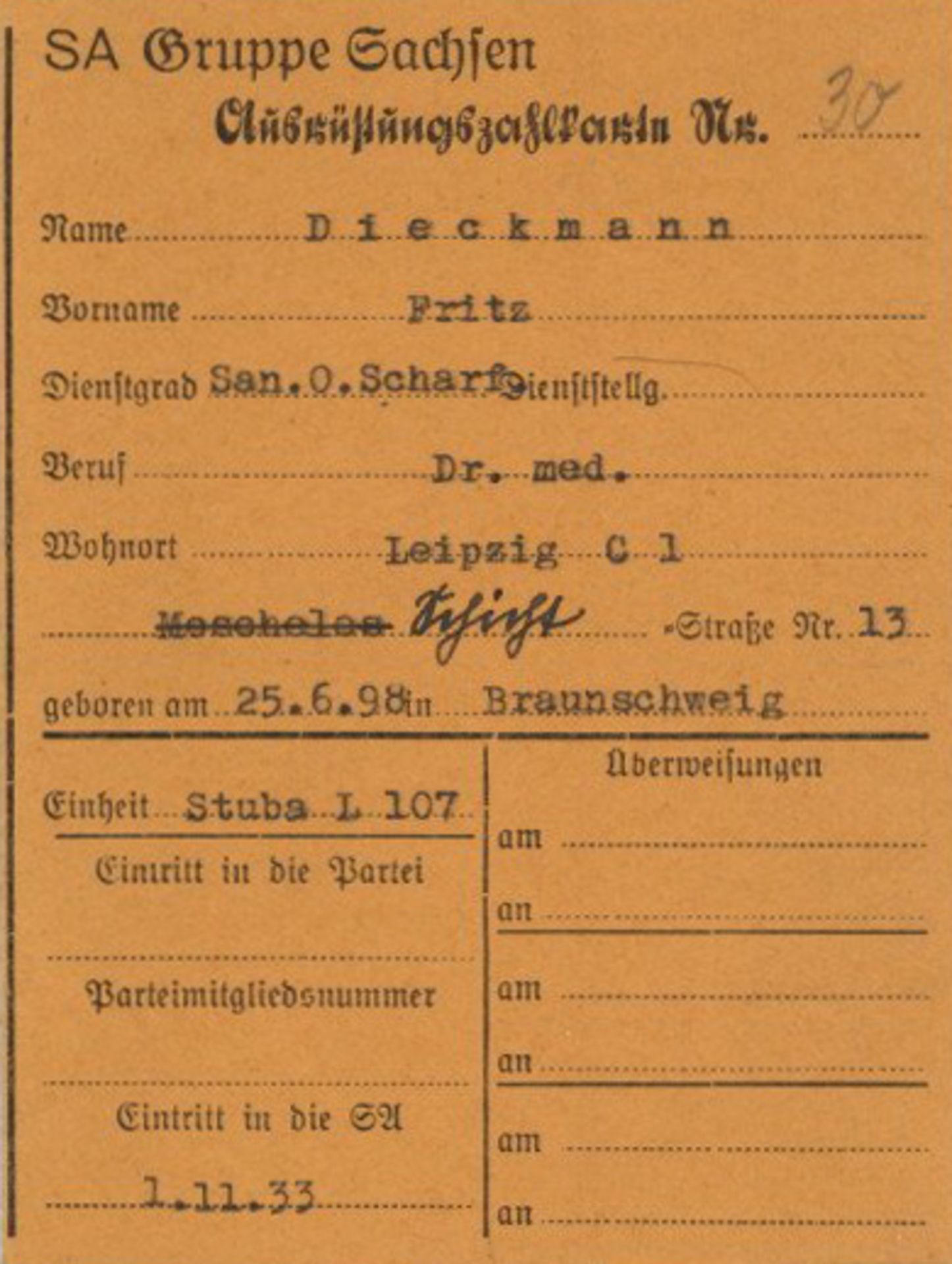 WK II MILITÄR - Dokumente - AUSRÜSTUNGSZAHLKARTE SA GRUPPE SACHSEN 1933 I