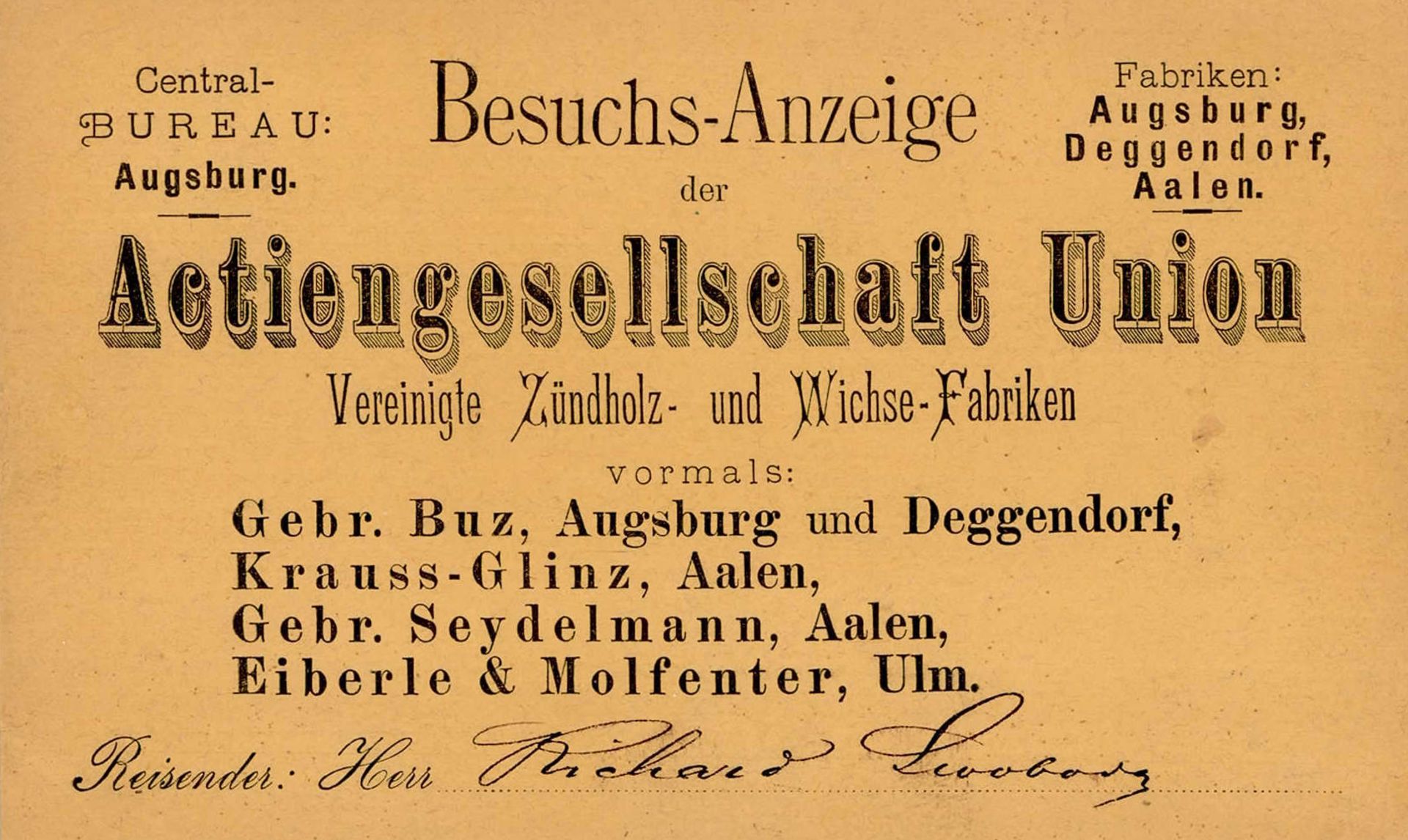 Vorläufer 1884 Lengenfeld (8900) Besuchsanzeige Aktiengesellschaft Union Vereinigte Zündholz u.