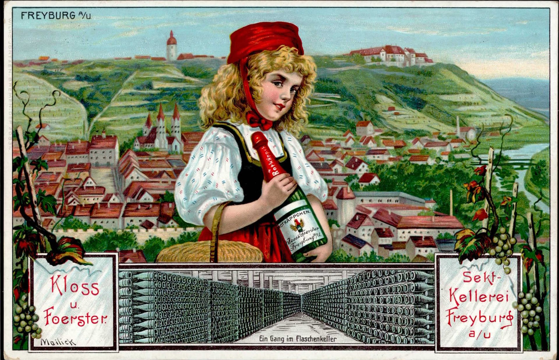 Werbung Rotkäppchen Sekt Sektkellerei Freyburg sign. Mailick 1913 I-