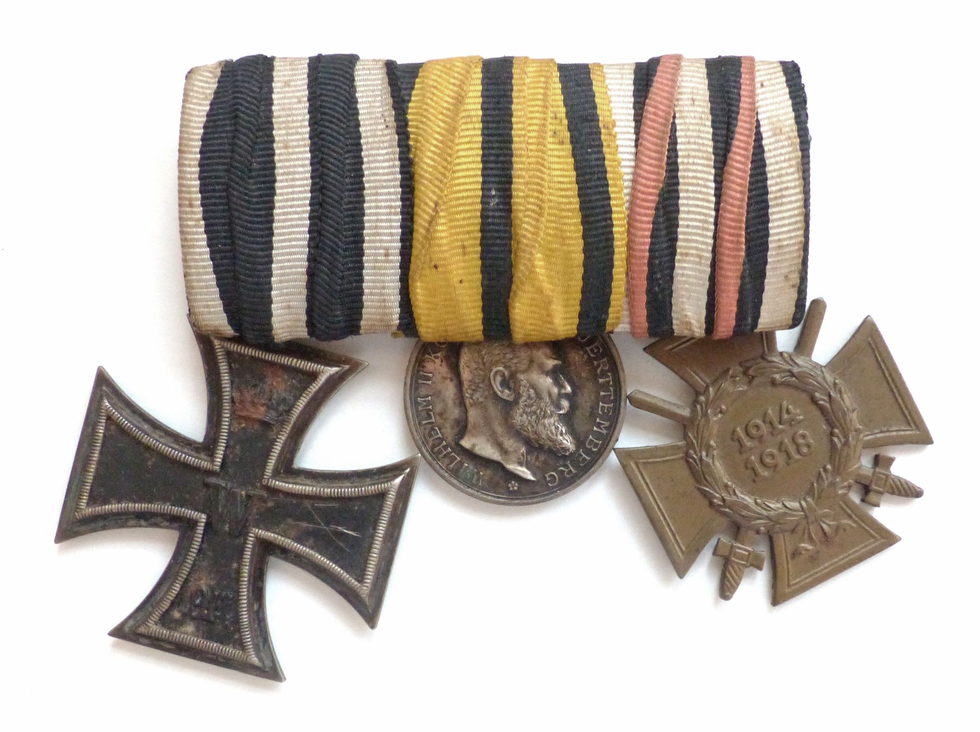 WK I Orden Ordensspange mit EK 2 1914, Württemberg Silberne Militärverdienstmedaille und