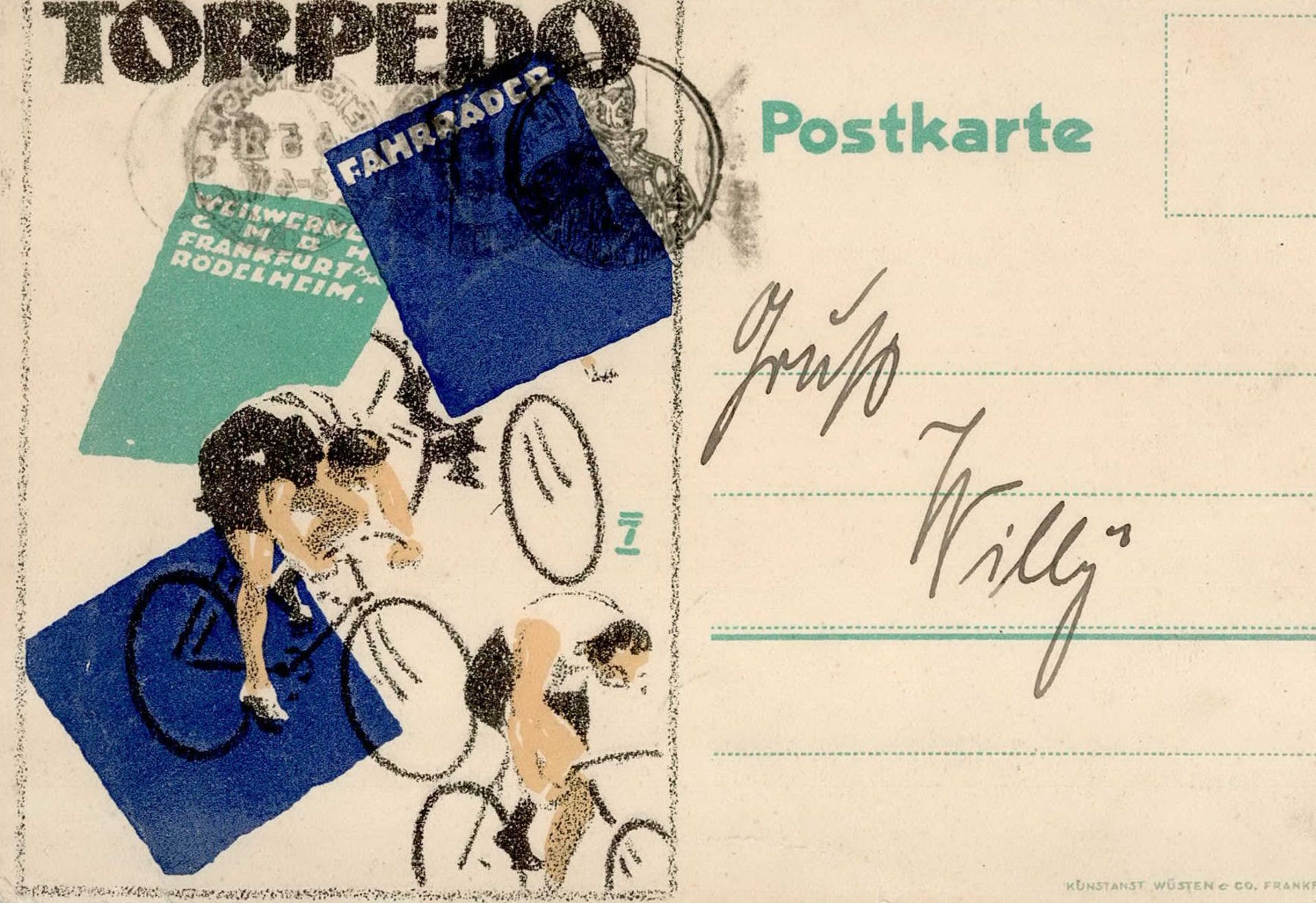 Hohlwein, Ludwig Torpedo Fahrräder Werbung gelaufen 1921 mit Flugpost-Marken I-II (leichte