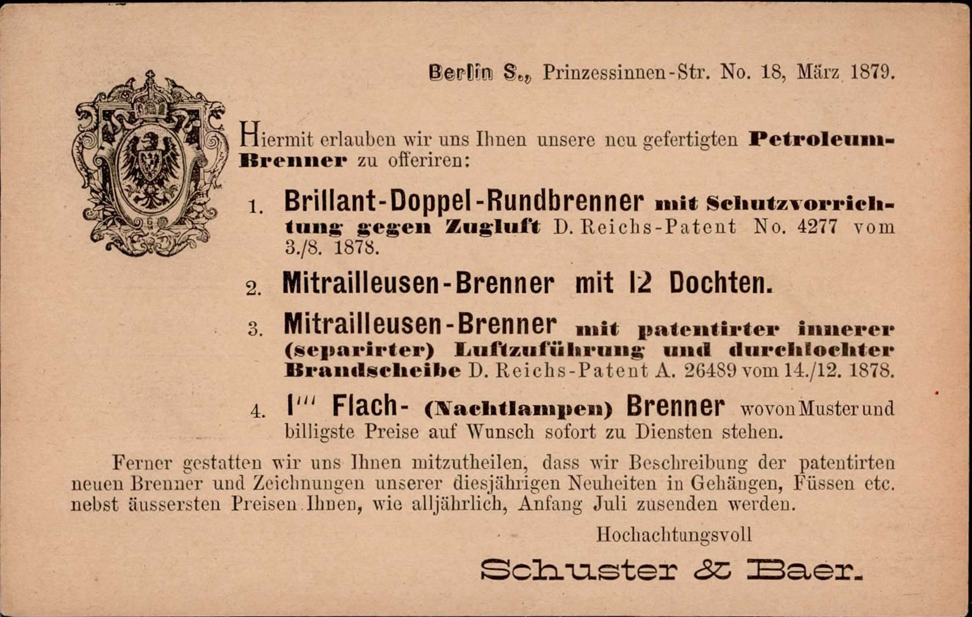 Vorläufer 1879 Berlin Werbung Petroleum-Brenner Firma Schuster u. Baer I