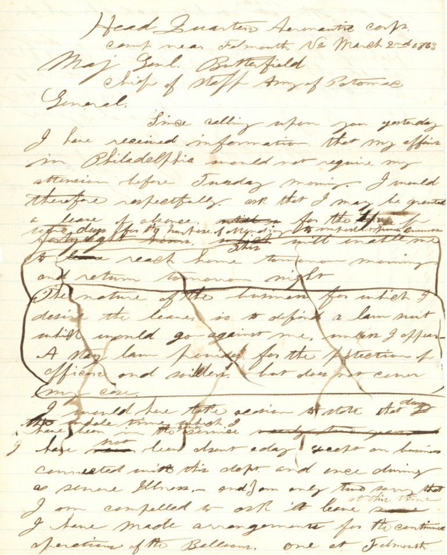 Amerikanischer Bürgerkrieg American Civil War. Original Brief vom 2. März 1863 vom Chief Aeronaut of