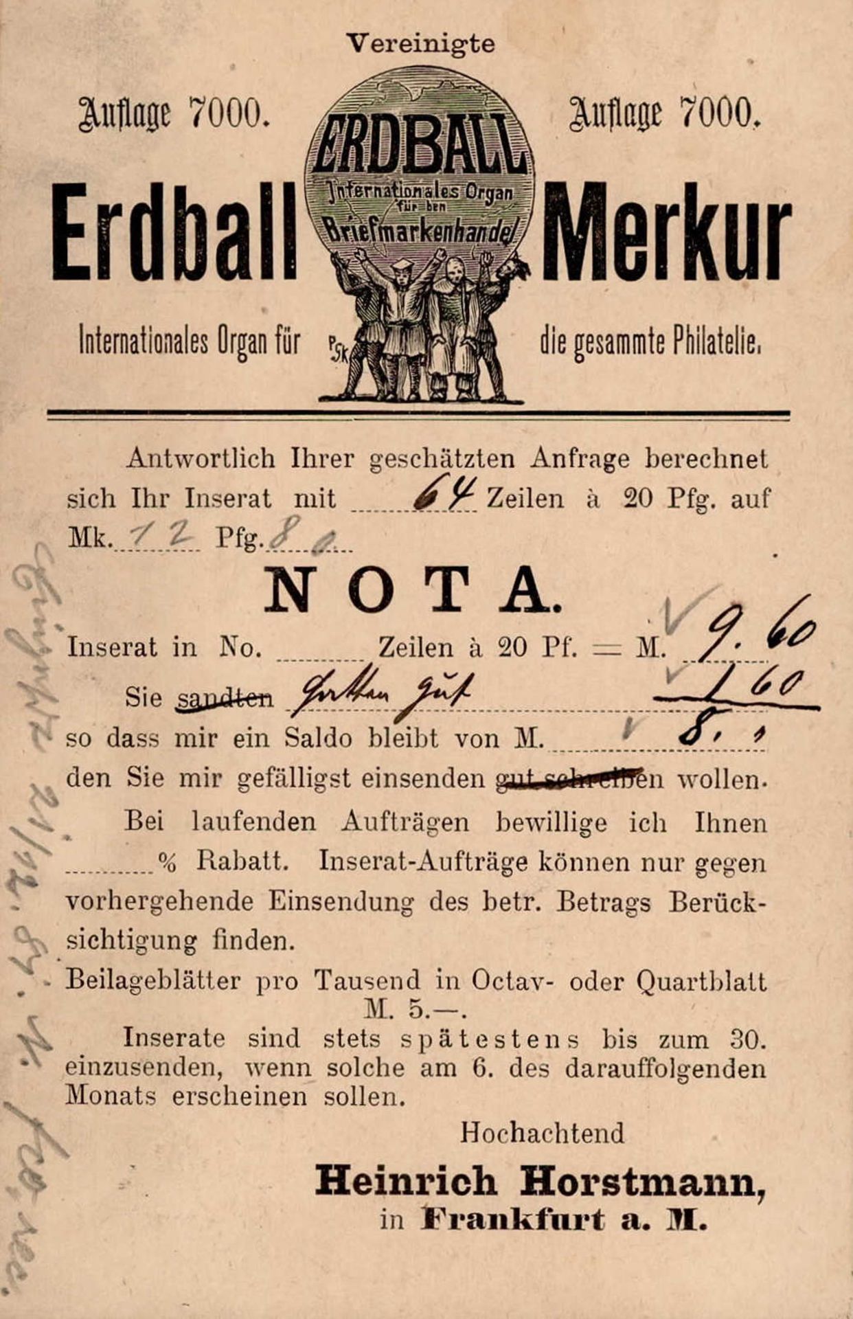 Vorläufer 1881 - FRANKFURT/Main - ZEITUNG ERDBALL MERKUR Int. Organ für den Briefmarkenhandel I