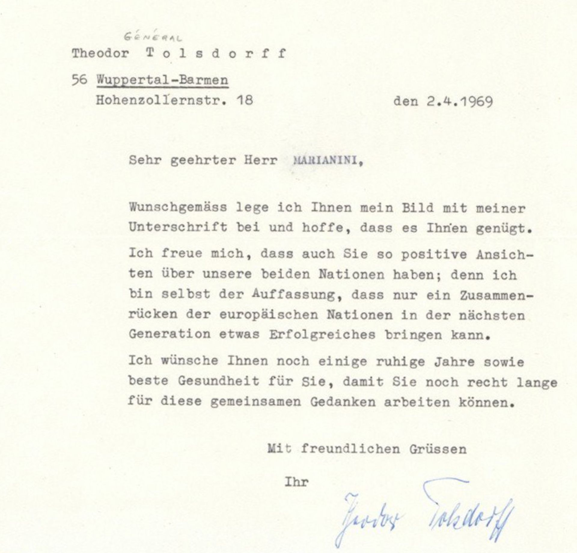 Ritterkreuzträger WK II Autograph Tolsdorff, Theodor Oberleutnant 1 Beleg von 1969 I-II