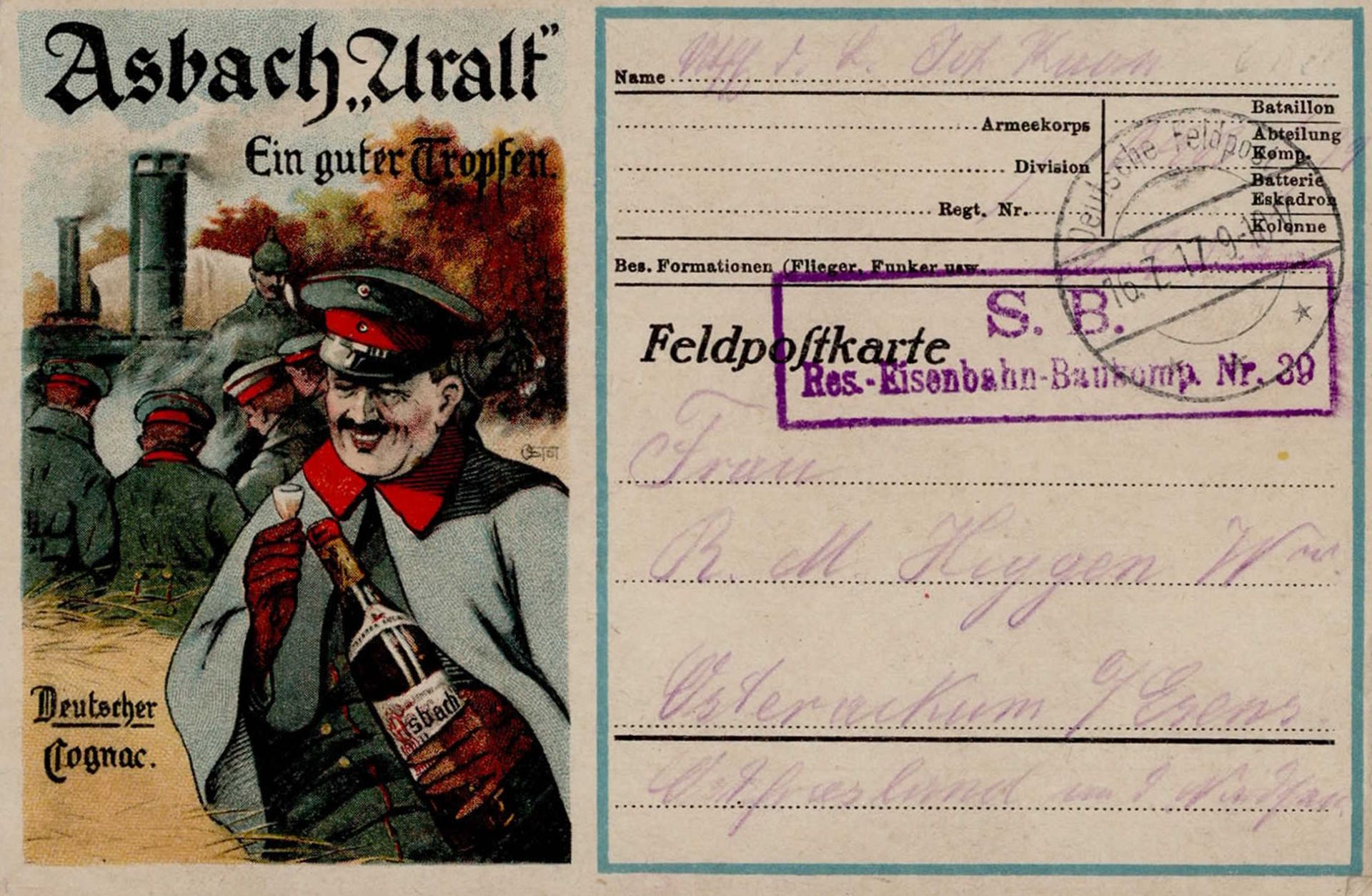 Werbung Asbach Uralt Cognac 1917 Feldpostkarte I-II (Stauchung)