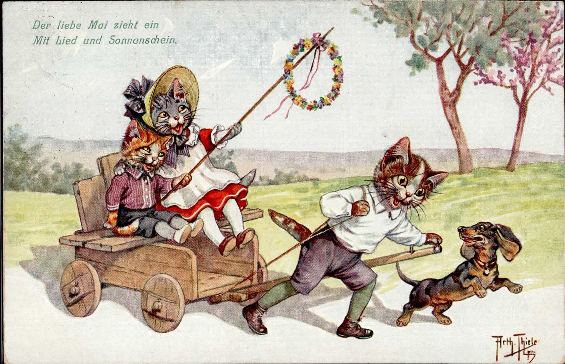 Thiele, Arthur TSN 1438 Der liebe Mai zieht ein - vermenschlichte Katzen Kutsche Dackel 1917 I-II