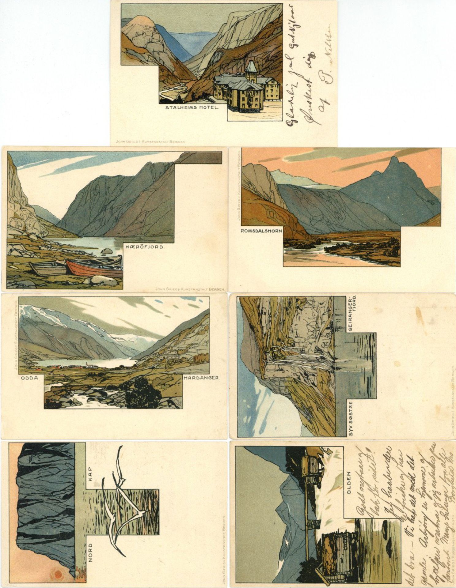Jugendstil NORWEGEN Serie von 7 Ansichtskarten John Griegs Kunstanstalt, Bergen in unterschiedlicher