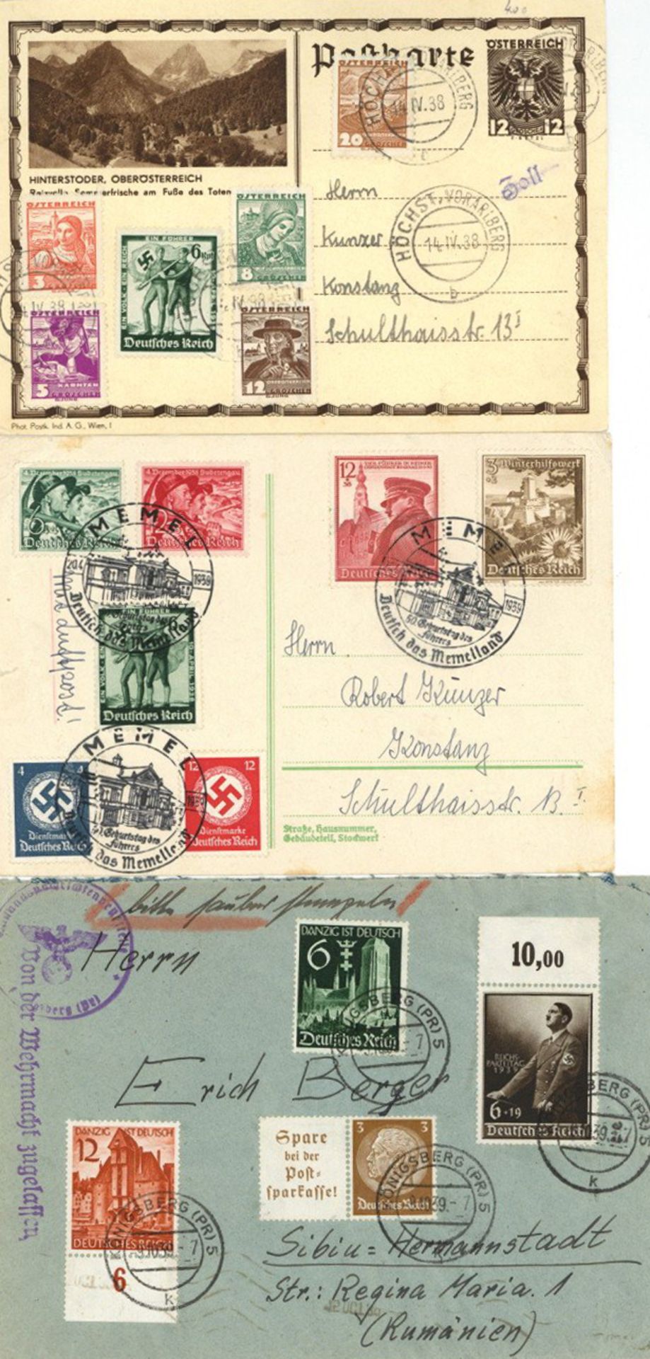 Propaganda WK II 3 Belege Sonderstempel Memel OKW-Zensur und Ostmark-Anschluß MiF Deutsches Reich/