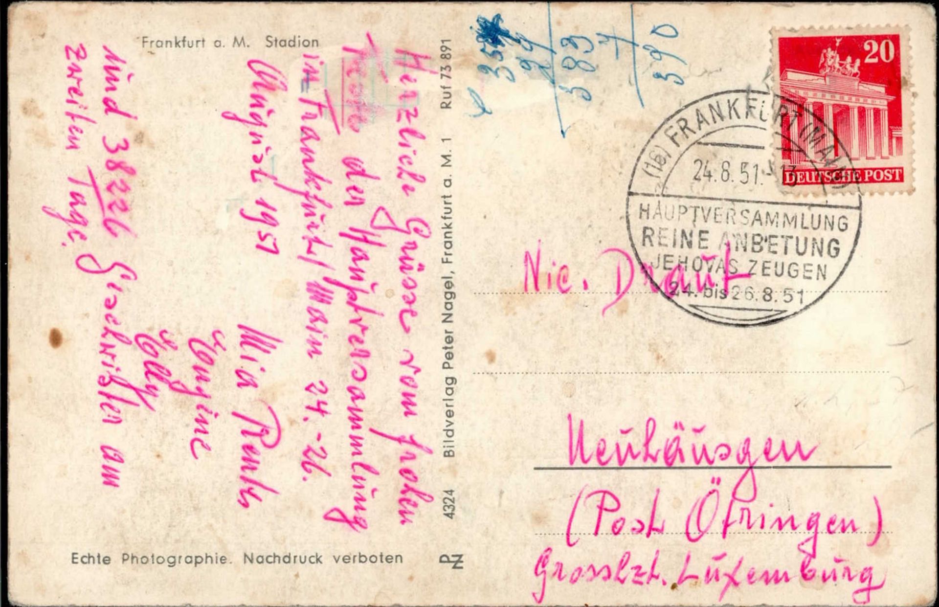 FRANKFURT/Main - klarer S-o HAUPTVERSAMMLUNG REINE ANBETUNG JEHOVAS ZEUGEN 24.8.51 (Marke