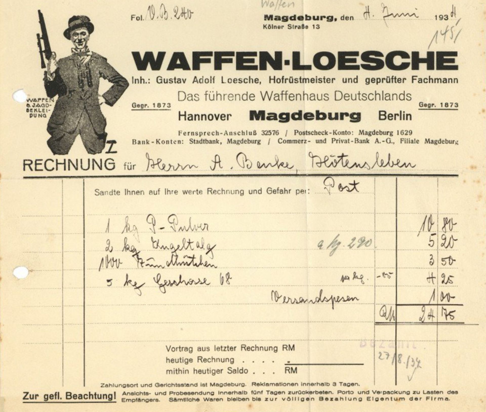 Hohlwein, Ludwig Rechnung Fa. Waffen-Loesche Magdeburg von 1934. Firmen-Logo entworfen von Hohlwein