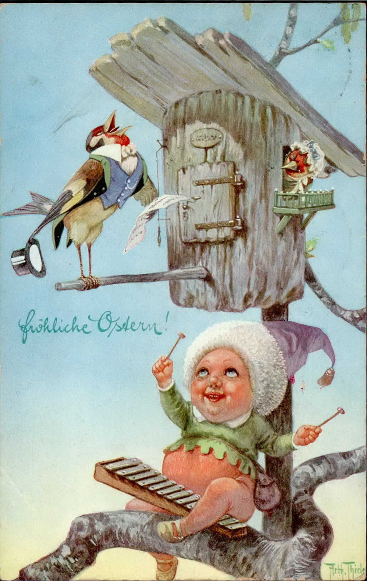 Thiele, Arthur Fröhliche Ostern! Kind am Musizieren mit Vogel 1917 I-II (Marke teilweise entfernt,