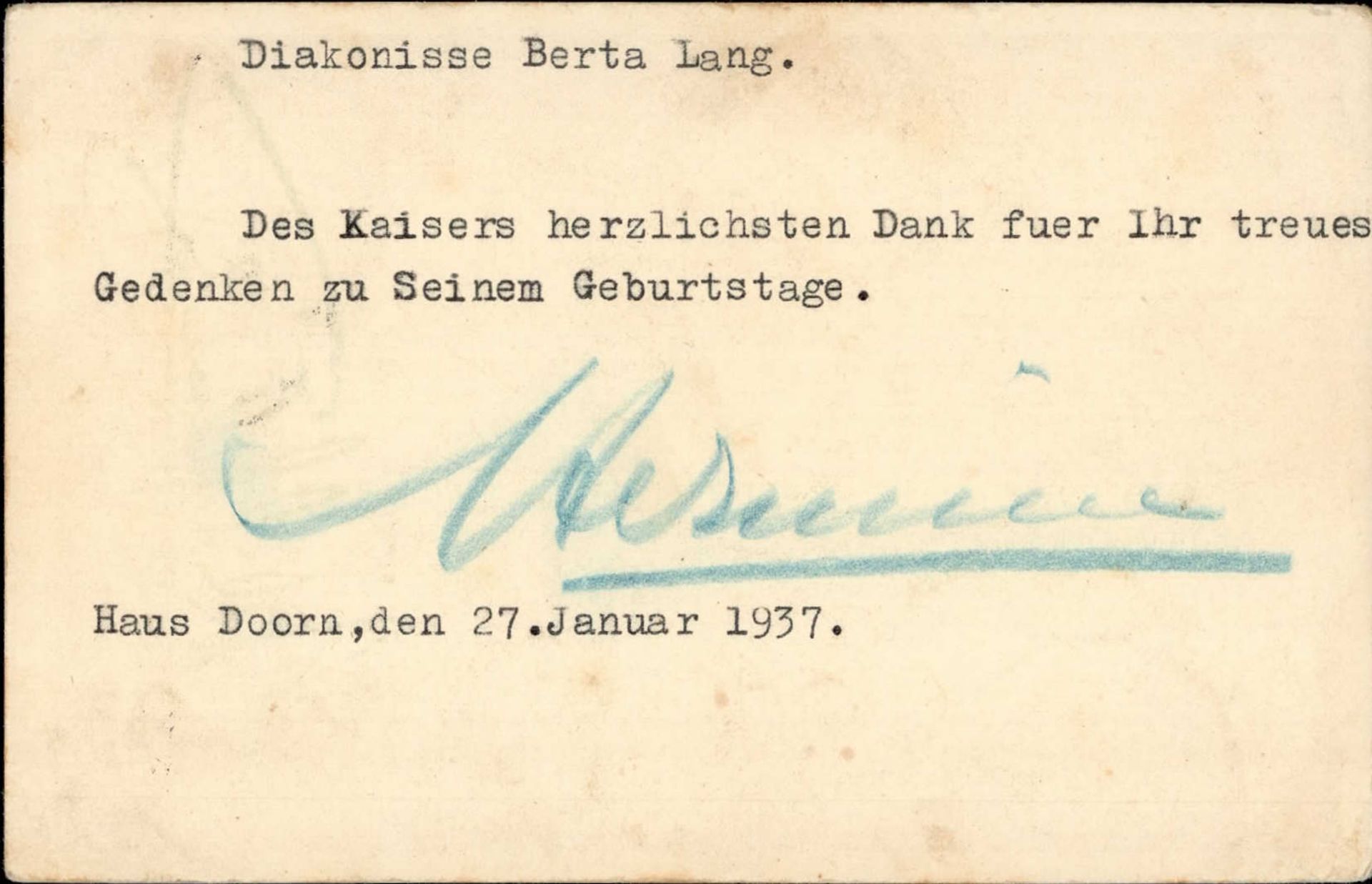 Adel Preussen UNTERSCHRIFT Hermine, 2. Frau von Kaiser Wilhelm II. Haus Doorn 27.1.1937 II (